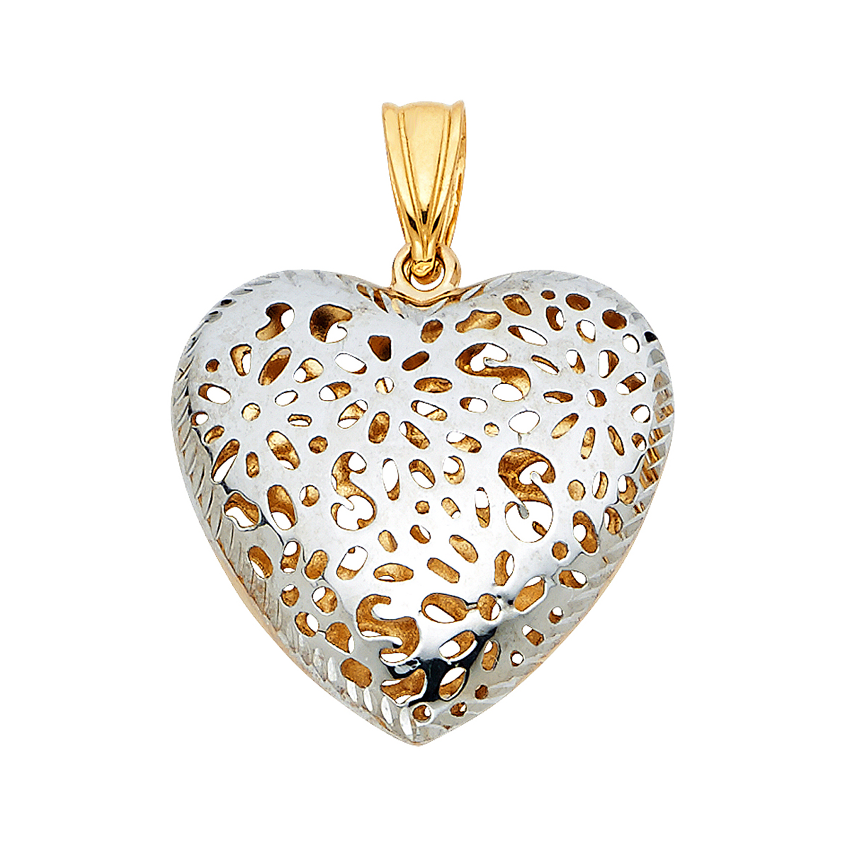 14K Two Tone Yellow and White Gold Flower Heart Pendant - 20 mm X 21 mm