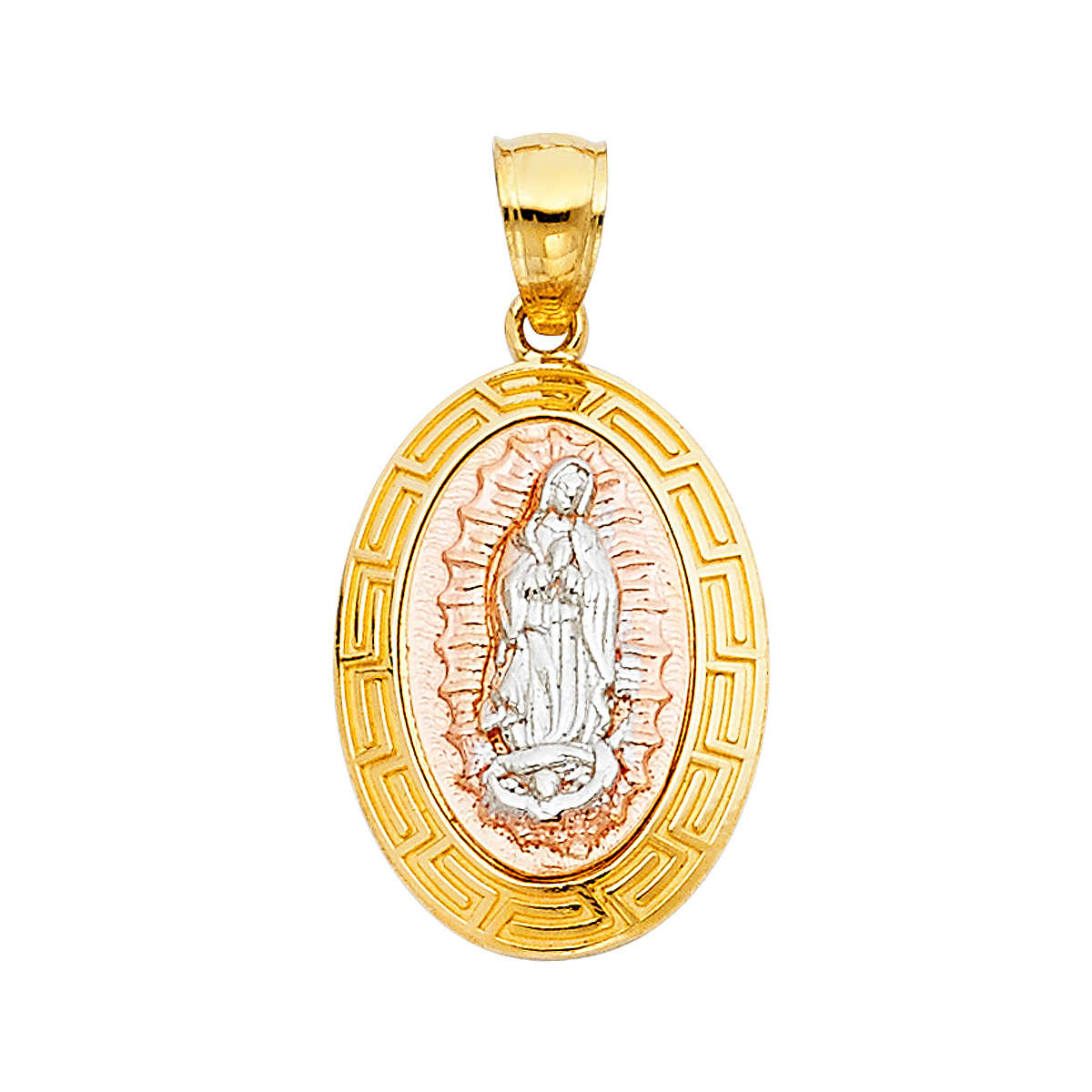 14K Tri Color Yellow Rose White Gold Religious Guadalupe Pendant  - 20 mm x 15 mm