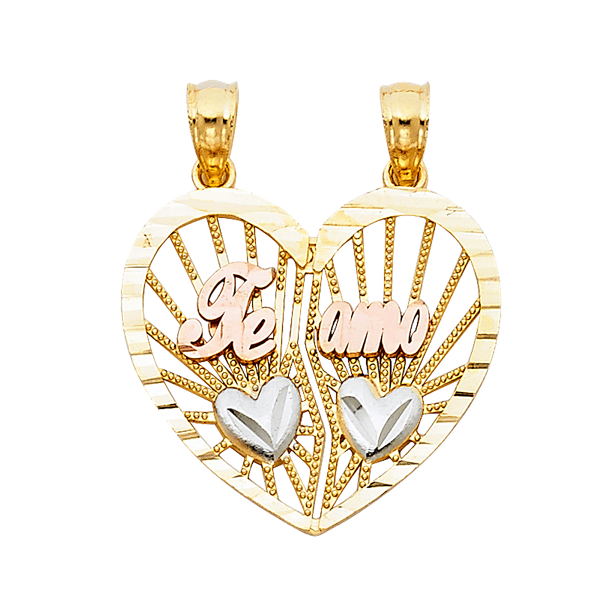 14K Tri Color Yellow Rose White Gold Teamo Heart 2 Piece Pendant   - 20 mm x 22 mm