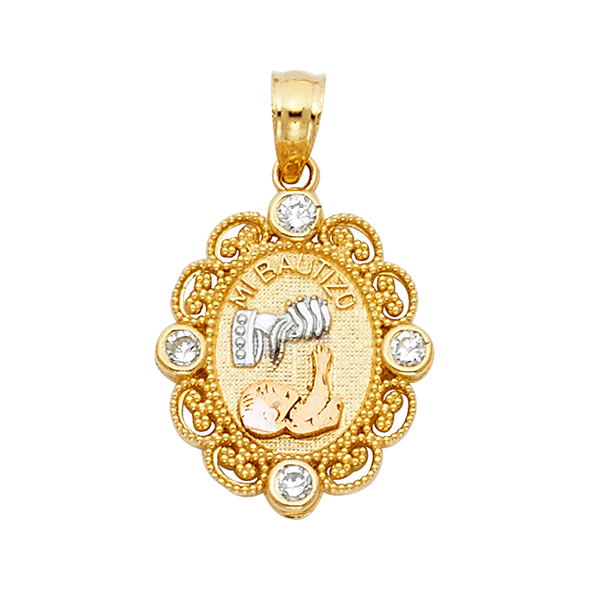 14K Tri Color Gold cubic zirconia Religious Baptism Pendant