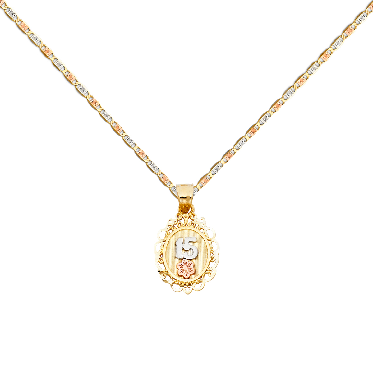 14K Tri Color Gold 15 Years Heart Pendant with 14K Tri Color Gold 1.5mm Valentono Chain -16 Inch