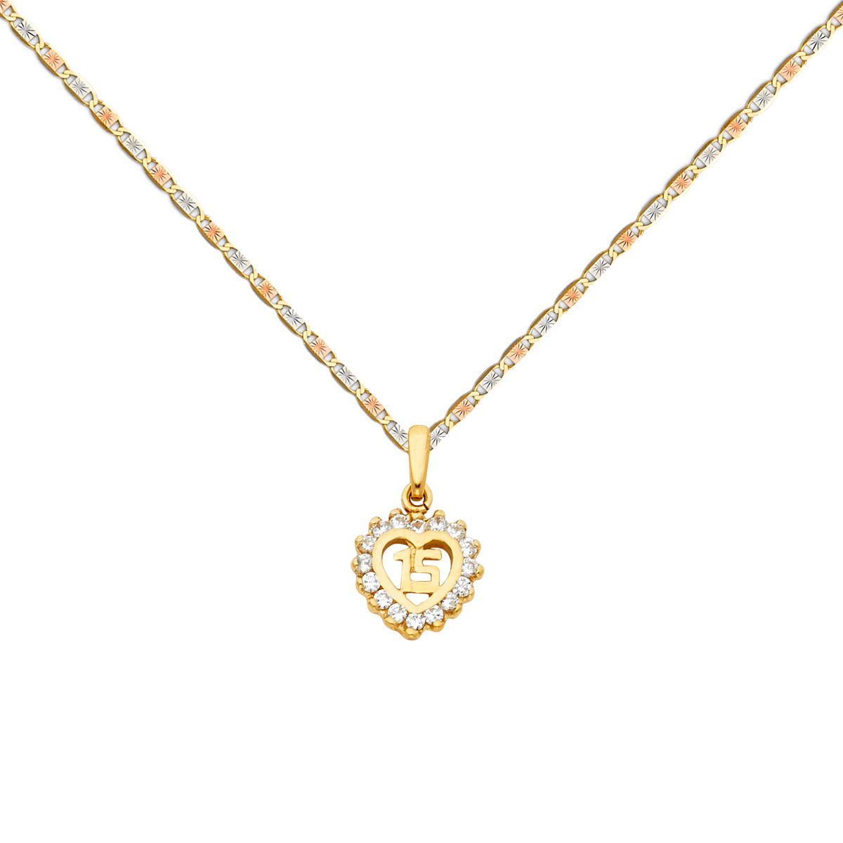 14K Yellow Gold 15 Years Heart Pendant with 14K Tri Color Gold 1.5mm Valentono Chain -18 Inch