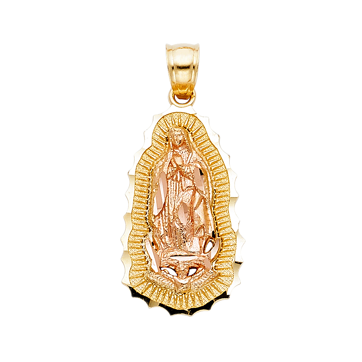  14K Two Tone Rose Yellow Gold Religious Guadalupe Pendant - 16 mm X 09 mm 