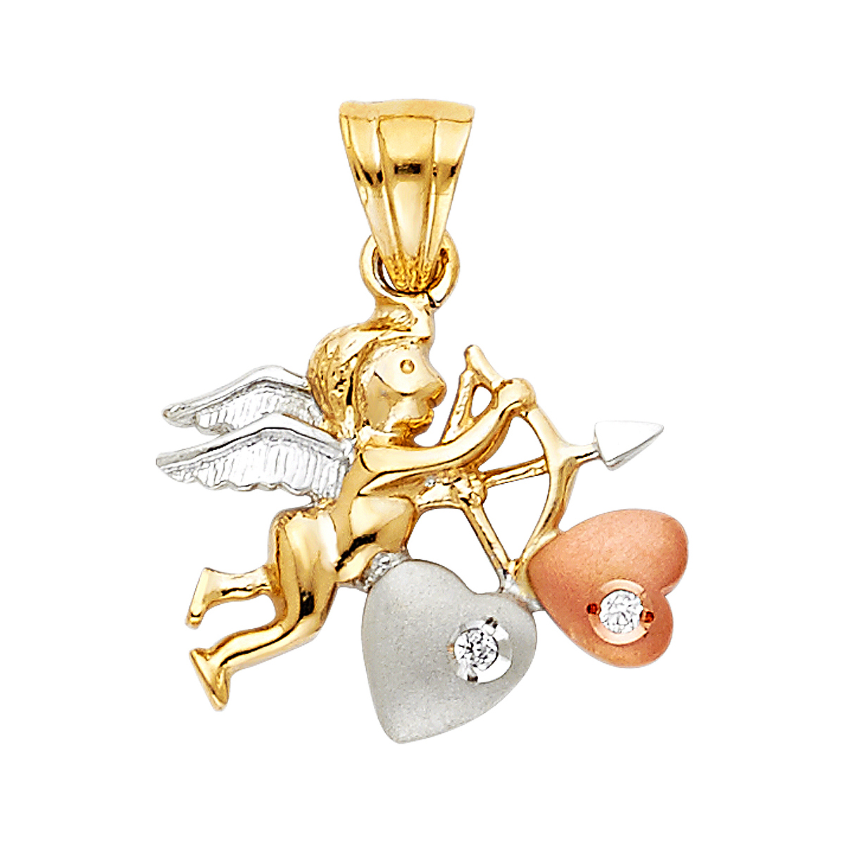  14K Tri Color Yellow Rose White Gold Cubic Zirconia Cupid Pendant 16mm x 19mm 