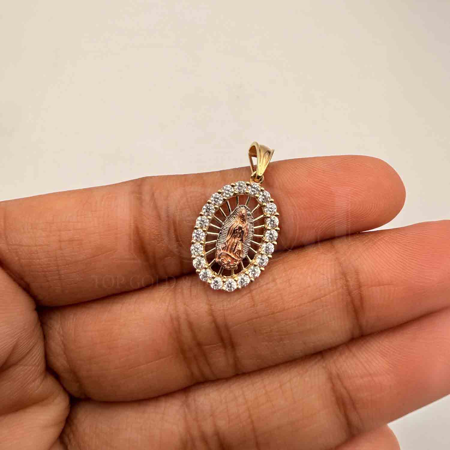 14K  Tri Color Gold Cubic zirconia Our Lady of Guadalupe Pendant