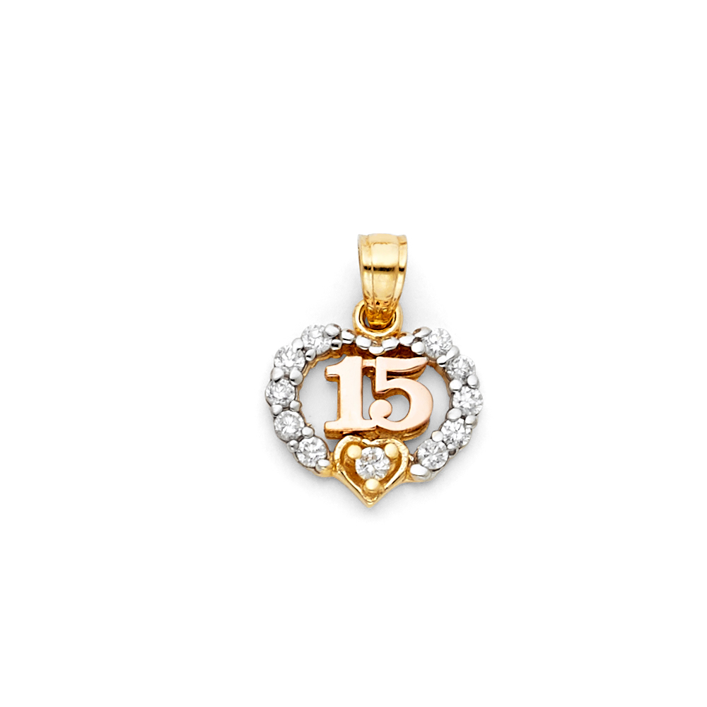 14K Yellow Gold Sweet 15 Quinceañera Heart Pendant