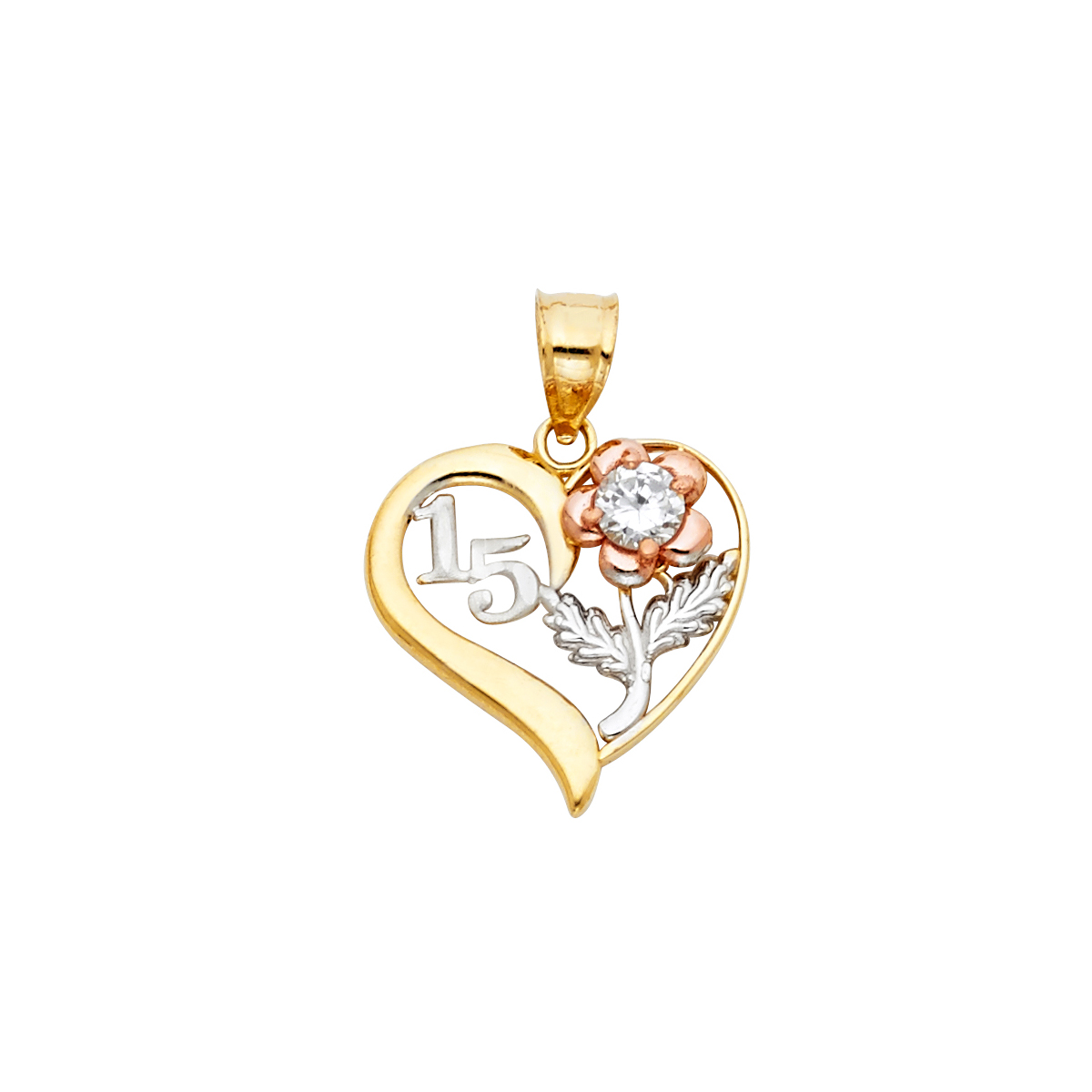 14K Tri-Color Gold Sweet 15 Quinceañera Heart Pendant