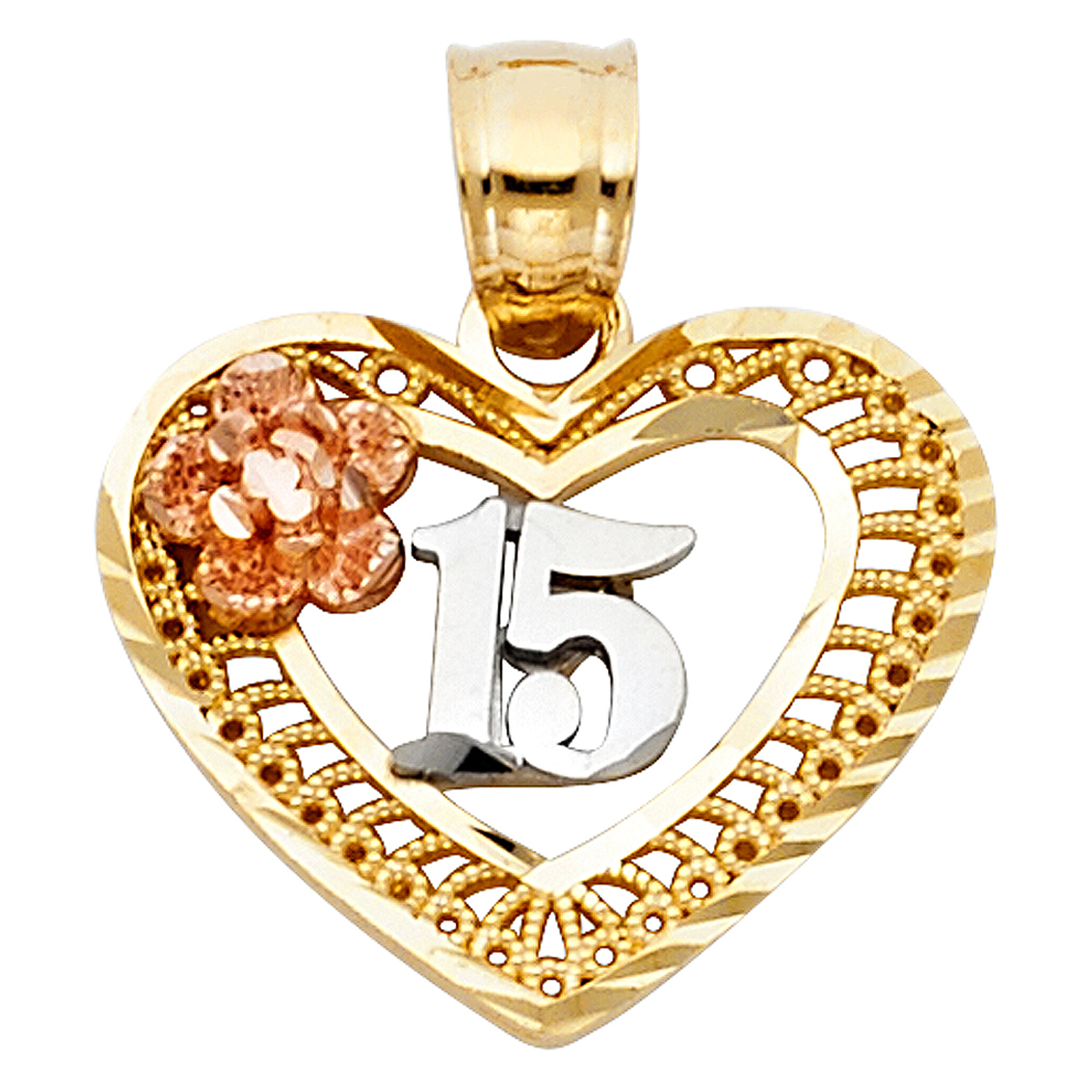 14K Tri-Color Gold Sweet 15 Quinceañera Heart Pendant