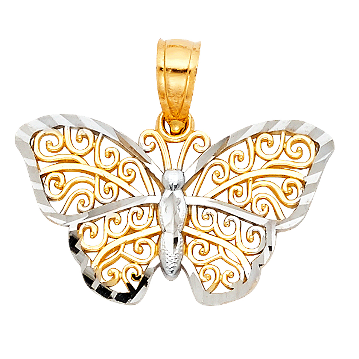 14K Two Tone White Yellow Gold Butterfly Pendant - 13 mm X 20 mm