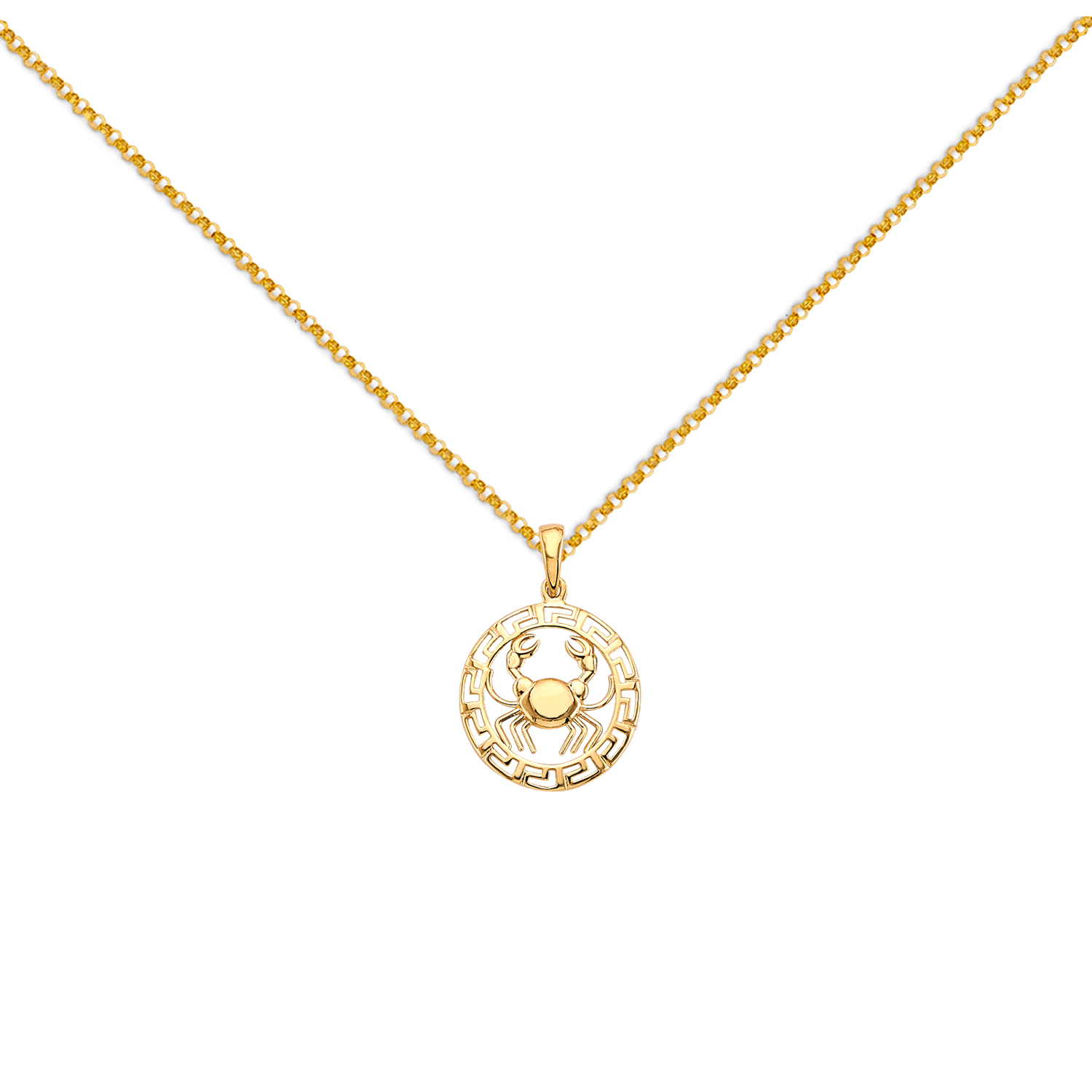 Astrology Jewelry 14k Yellow Gold Round Cancer Zodiac Sign Horoscope Constellation Pendant With Yellow Gold 1.2mm Classic Rolo Cable Chain - 16''