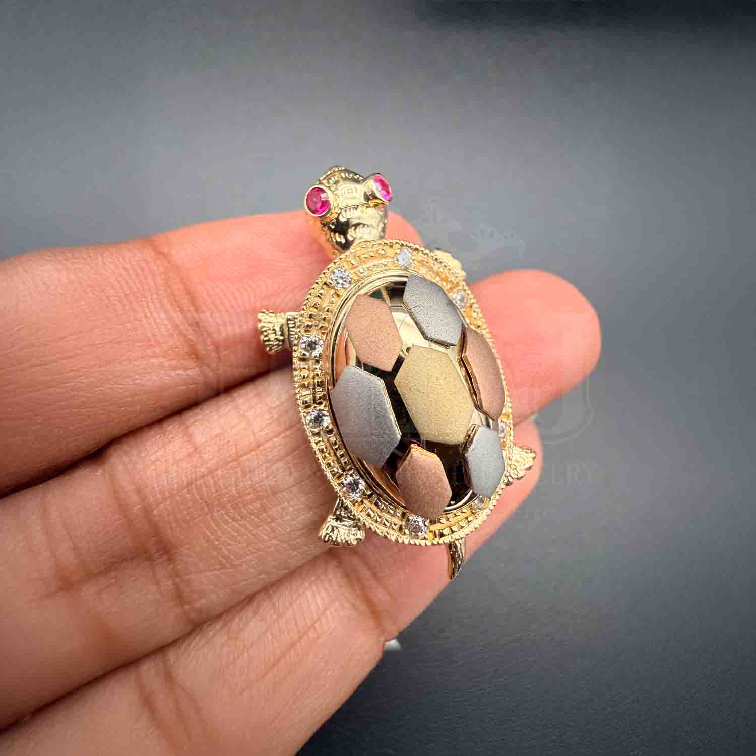 14K  Tri Color Gold Cubic zirconia Turtle Pendant