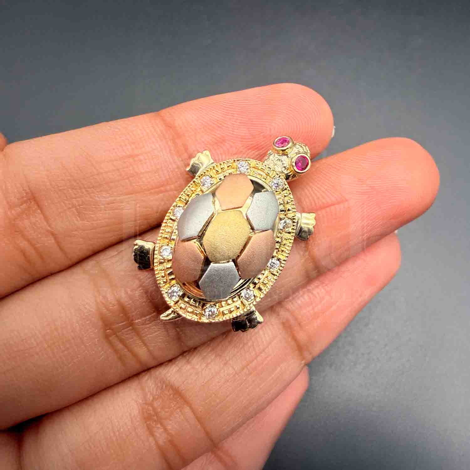 14K  Tri Color Gold Cubic zirconia Turtle Pendant