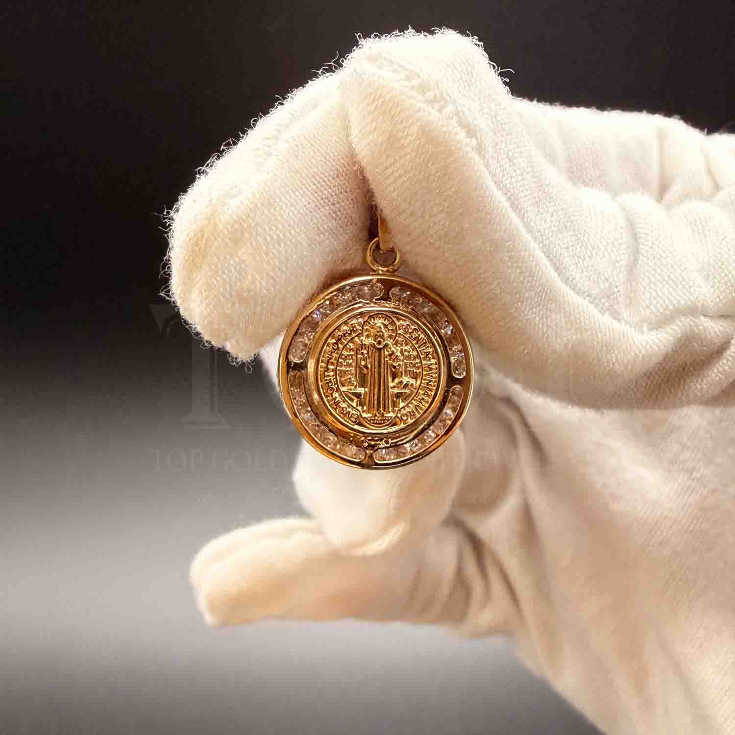 14K  Yellow Gold Cubic zirconia Double Face San Benito Round Medal