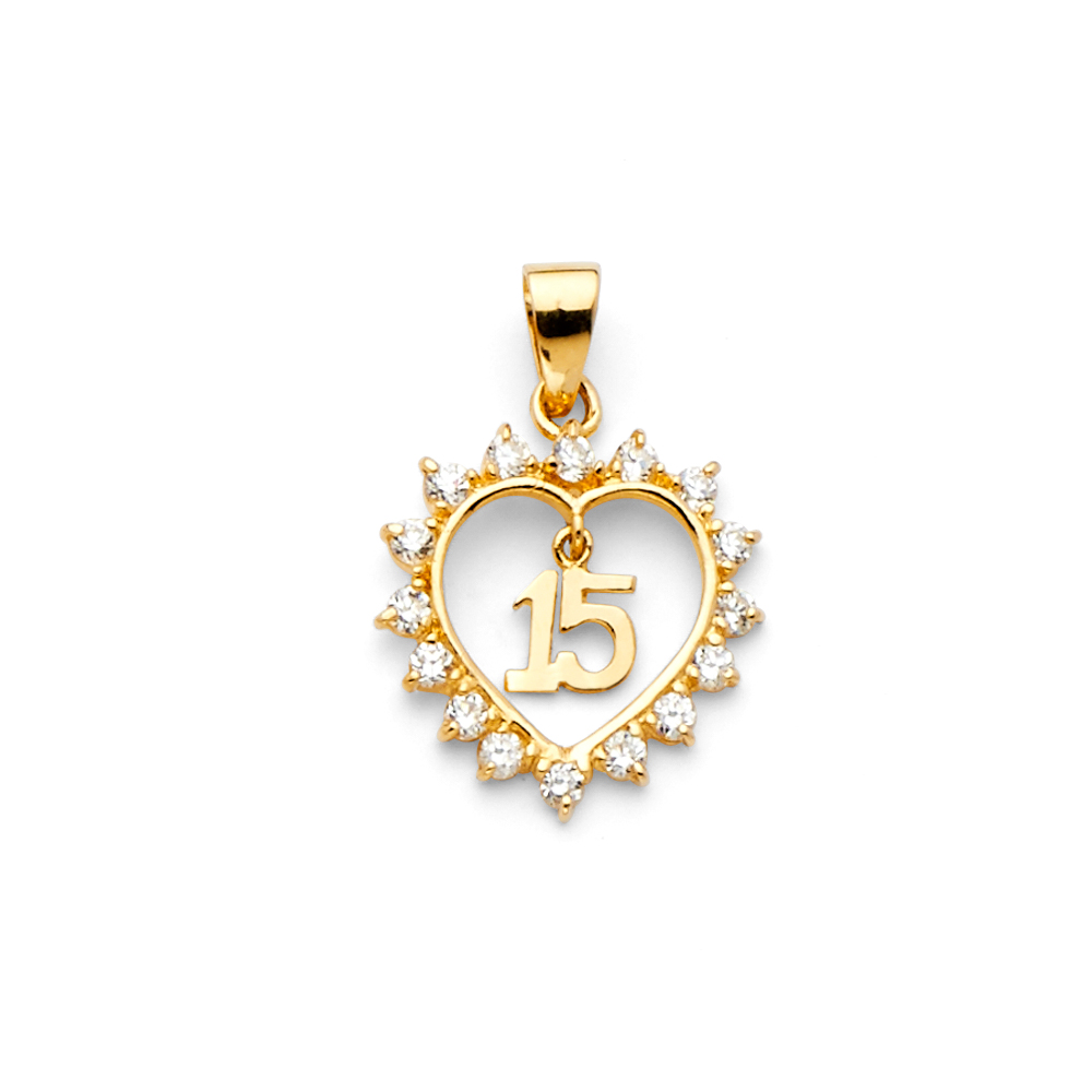14K Yellow Gold Sweet 15 Quinceañera Heart Pendant