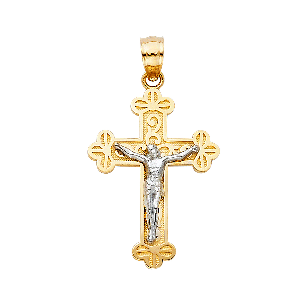 14K Two Tone White Yellow Gold Jesus Crucifix Cross Religious Pendant - 24 mm X 16 mm