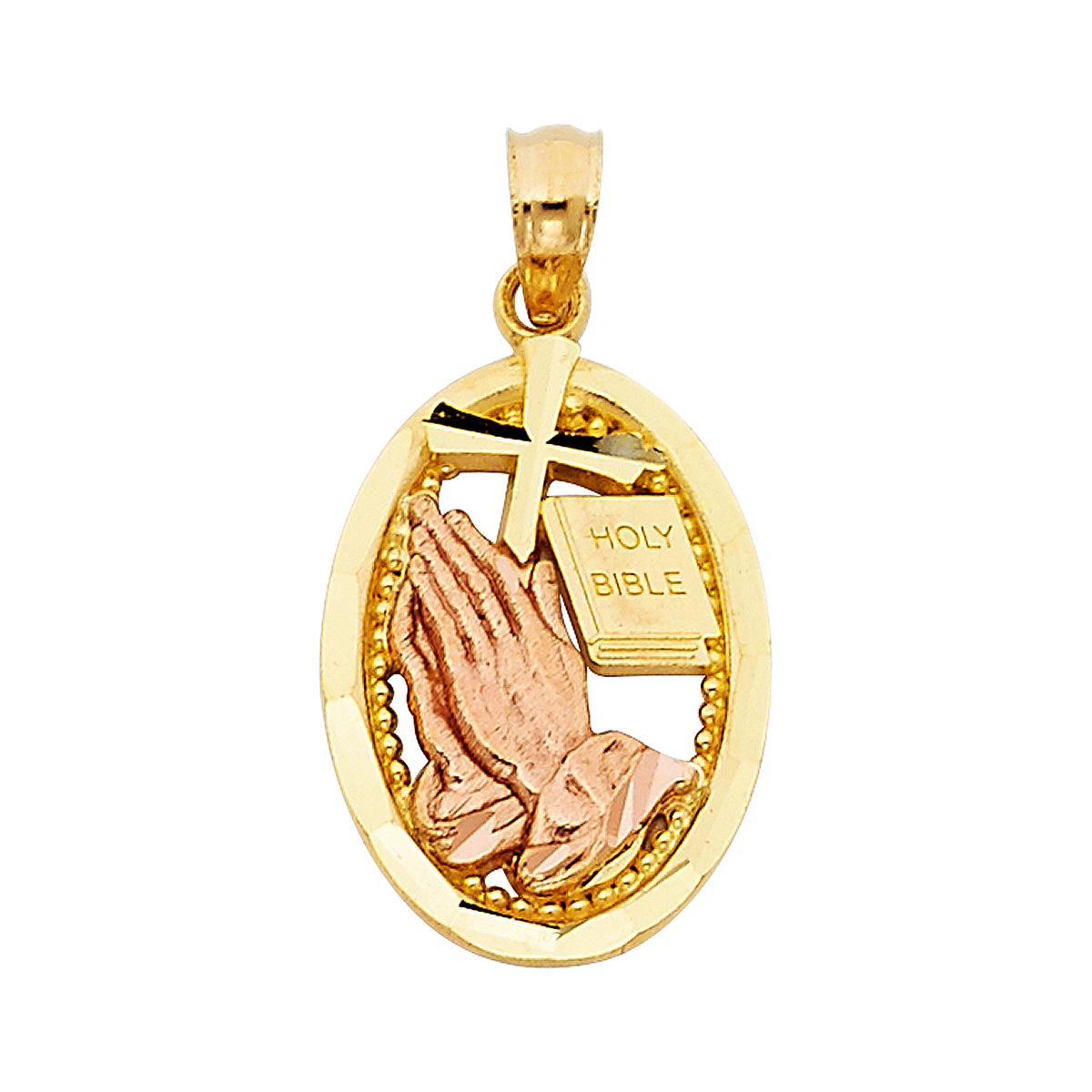14K Two Tone White Yellow Gold Religious Praying Hands Pendant - 19 mm X 14 mm