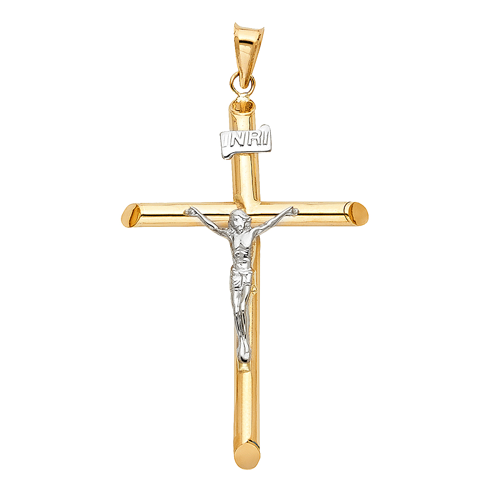 14K Two Tone Gold Hollow Round Tube Crucufix