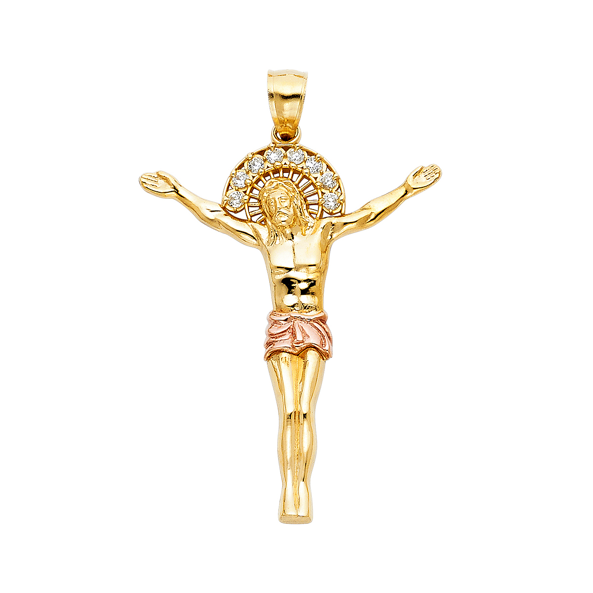 14K Two Tone White Yellow Gold Cubic zirconia Religious Jesus Christ Body Pendant