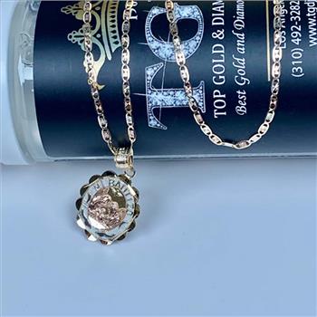 14K Tri Color Gold 1.5mm Valentono Chain with Mi Bautizo Oval Pendent