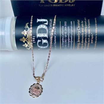 14K Tri Color Gold 1.5mm Valentono Chain with Mi Bautizo Oval Pendent