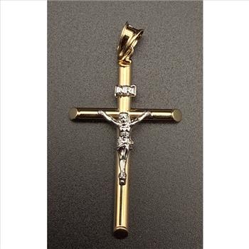 14K Two Tone Gold Hollow Round Tube Crucufix  Pendant