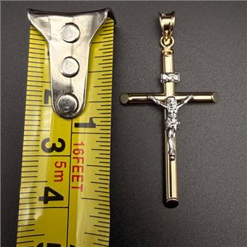 14K Two Tone Gold Hollow Round Tube Crucufix  Pendant