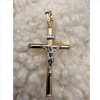 14K Two Tone Gold Hollow Round Tube Crucufix  Pendant