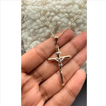 14K Two Tone Gold Hollow Round Tube Crucufix  Pendant