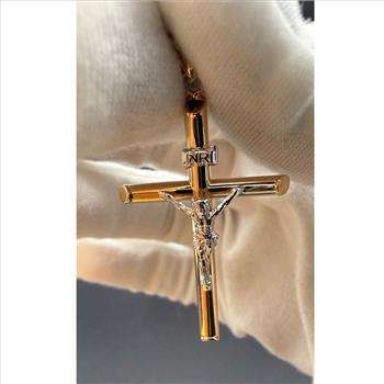 14K Two Tone Gold Hollow Round Tube Crucufix  Pendant