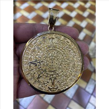 14K Yellow Gold Aztec Calendar Pendant - Sun Medal Necklace Charm -Calendario Azteca Pendant Extra Large 83 MM/3.2 Inch 44 Grams