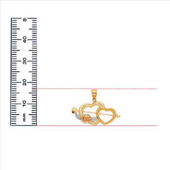 14K Two Tone White Yellow Gold Cupid Arrow Double Heart Pendant - 17 mm X 30 mm