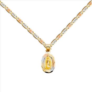 14K Tri Color Gold Diamond Cut Our Lady of Guadalupe Stamp Charm Pendant with 1.5mm Valentino Chain Necklace - 16