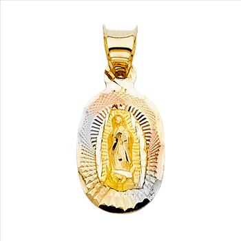 14K Tri Color Gold Diamond Cut Our Lady of Guadalupe Stamp Charm Pendant with 1.5mm Valentino Chain Necklace - 20