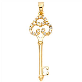 14K Yellow Gold Key Cubic Zirconia Pendant - 25 mm x 12 mm
