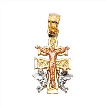 14K Tri Color Yellow Rose White Gold Jesus Crucifix Cross with Angel Religious Pendant - 18mm X 10mm