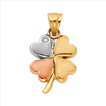 14K Tri Color Yellow Rose White Gold Heart Clover Pendant - 18 mm x 14 mm