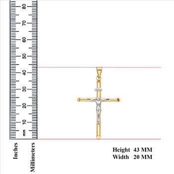 14K Two Tone White Yellow Gold Crucifix Cross Religious Pendant - 40 mm X 20 mm