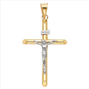 14K Two Tone White Yellow Gold Crucifix Cross Religious Pendant - 40 mm X 20 mm