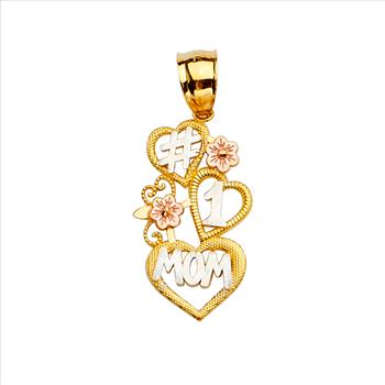 14K Tri Color Yellow Rose White Gold 3 Color #1 Mom Pendant - 30 mm x 12 mm