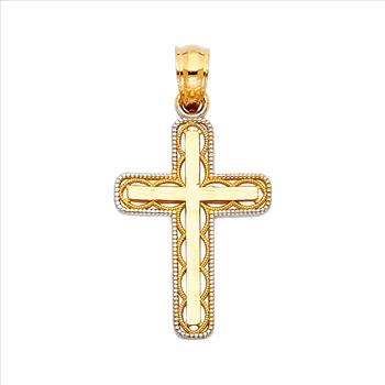 14K Two Tone, Yellow White Gold Cross Religious Pendant - 21mm X 15mm