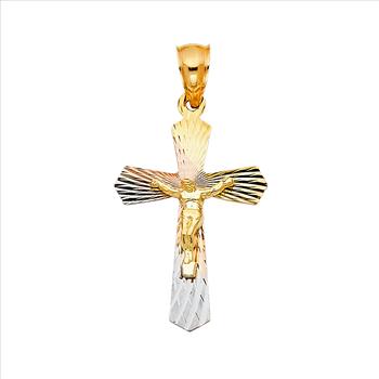 14K Tri Color Yellow Rose White Gold Religious Crucifix Stamp Pendant - 30 mm x 21 mm