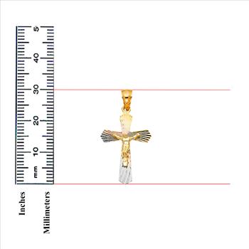 14K Tri Color Yellow Rose White Gold Religious Crucifix Stamp Pendant - 30 mm x 21 mm