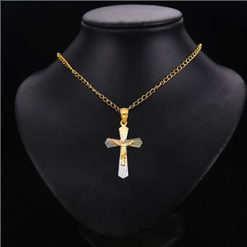 14K Tri Color Yellow Rose White Gold Religious Crucifix Stamp Pendant - 30 mm x 21 mm