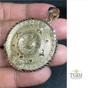 14k Solid Yellow Gold Aztec Calendar Pendant 40MM