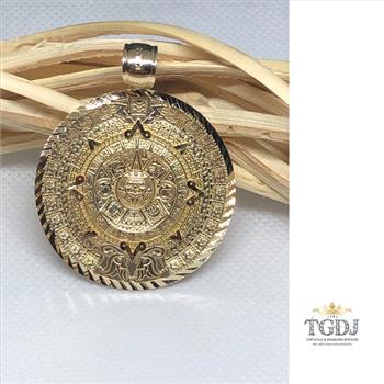 14k Solid Yellow Gold Aztec Calendar Pendant 40MM