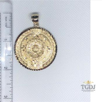 14k Solid Yellow Gold Aztec Calendar Pendant 40MM