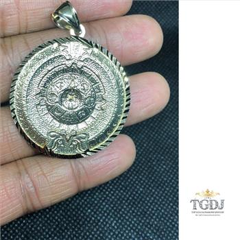14k Solid Yellow Gold Aztec Calendar Pendant 40MM