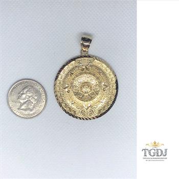 14k Solid Yellow Gold Aztec Calendar Pendant 40MM