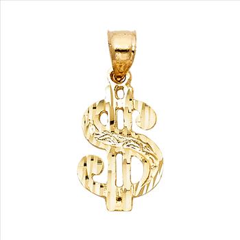 14K Yellow Gold Dollar Sign Pendant - 17 mm X 12 mm