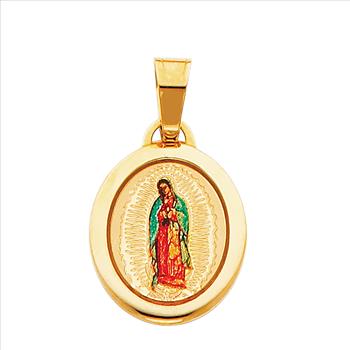 14K Yellow Gold Our Lady of Guadalupe Enamel Picture Charm Pendant with 0.9mm Singapore Chain - 18''